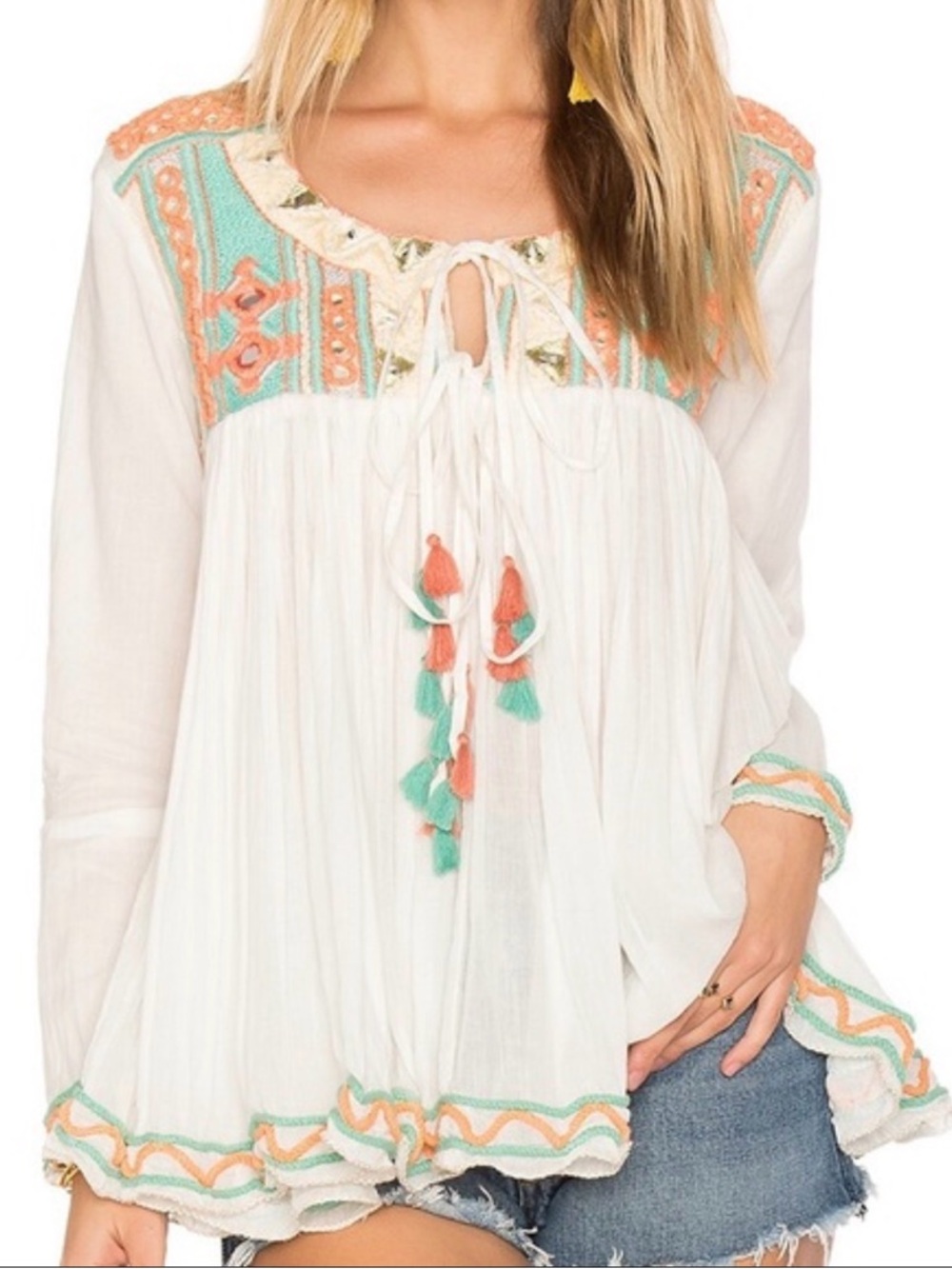 Anthropologie Raga Coastland Embellished Babydoll Top